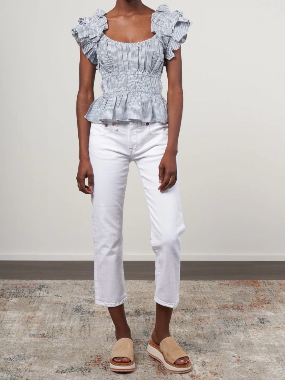 Ulla Johnson Striped linen Ruffle Sleeve Peplum Top - Blue/White